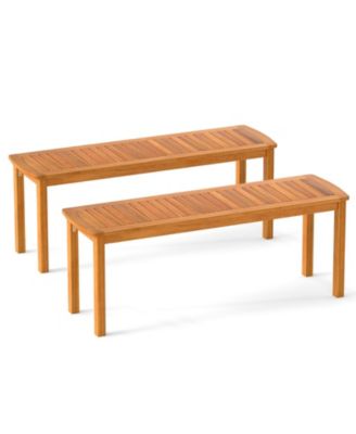 Set of 2 Acacia wood outdoor bench with slatted seat for garden