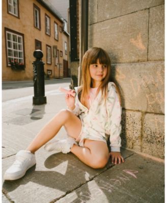 Little Girls French Terry Hoodie Off White Printed Flowers