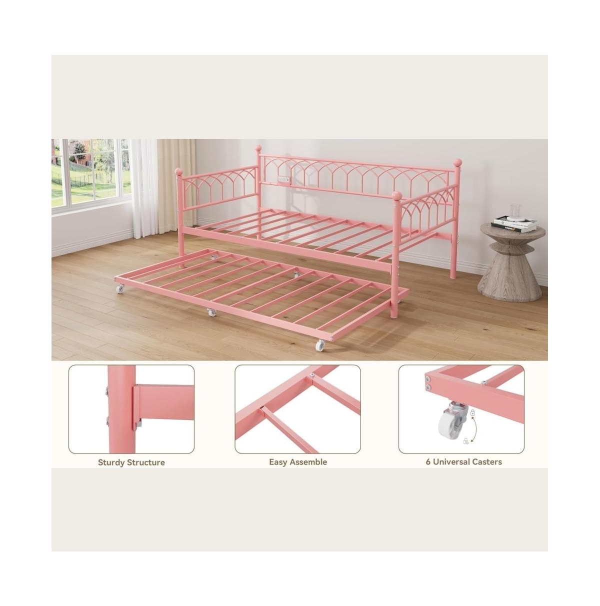 gaomon Twin Daybed with Trundle, Heavy Duty Metal Sofa Bed Frame with Charging Station & Led Lights