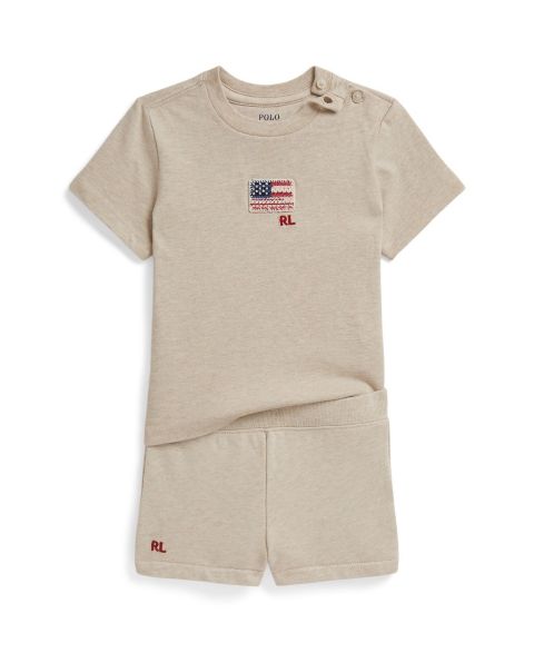 Детский комплект Polo Ralph Lauren для девочки: футболка с флагом и шорты из футера, цвет: Дюнный меланжевый