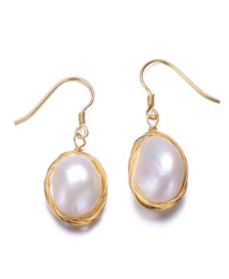 Unique Sterling Silver 14K Gold Plated Pearl Fish Hook Earrings