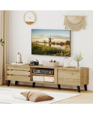 Mid Century Modern TV Stand for 80 in TVs with Sliding Doors