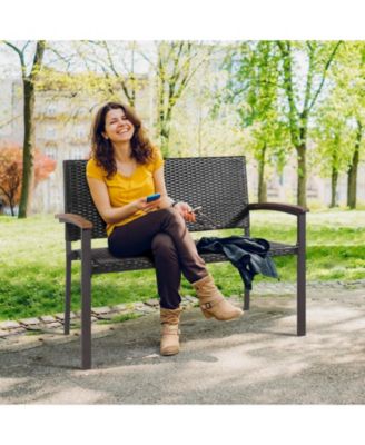 Outdoor Patio Rattan Wicker Bench with Armrests for Garden