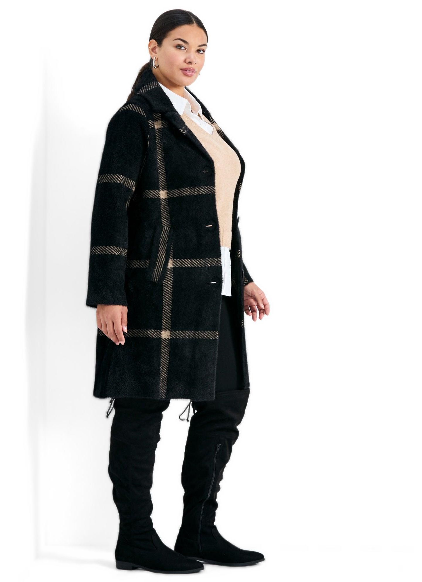 Женское пальто Avenue Plus Size Gigi Check Sweater Coat, цвет: Чёрный верблюжий клетчатый — фото 2
