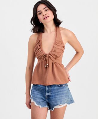 Juniors' Lace-Trim Gathered Halter Top