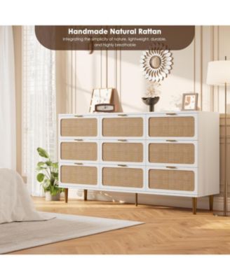 Rattan 9 Drawer Dressers for Bedroom, Tall Dresser with Deep Drawers, Large Chest of Drawers for Closet with Wide Top