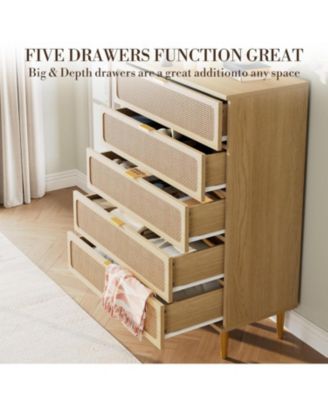 Rattan 5 Drawer Dresser Natural Deep Storage Wide Top for Bedroom and Living Room