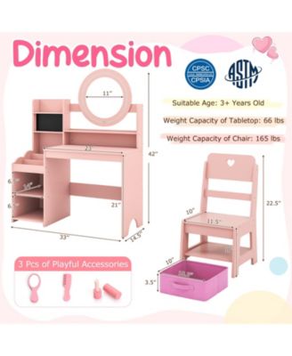 Kids Vanity Desk with Mirror and Lights Princess Pretend Play Dressing Table and Chair Set