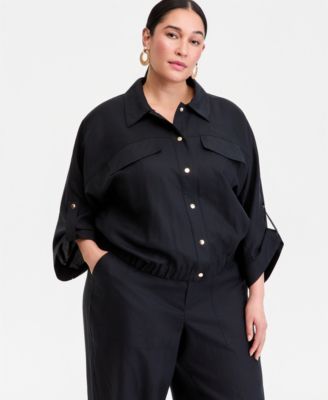 Plus Size Roll-Tab-Sleeve Snap-Front Shirt Jacket