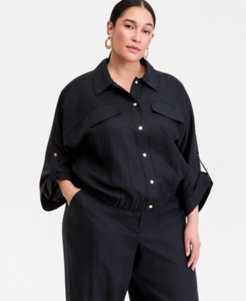 Женские куртки I.N.C. International Concepts Plus Size Roll-Tab-Sleeve Snap-Front Shirt Jacket