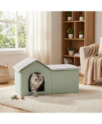 Zeus and Ruta Foldable Heated Cat House with Warmer Pad Large Kitty Shelter Green