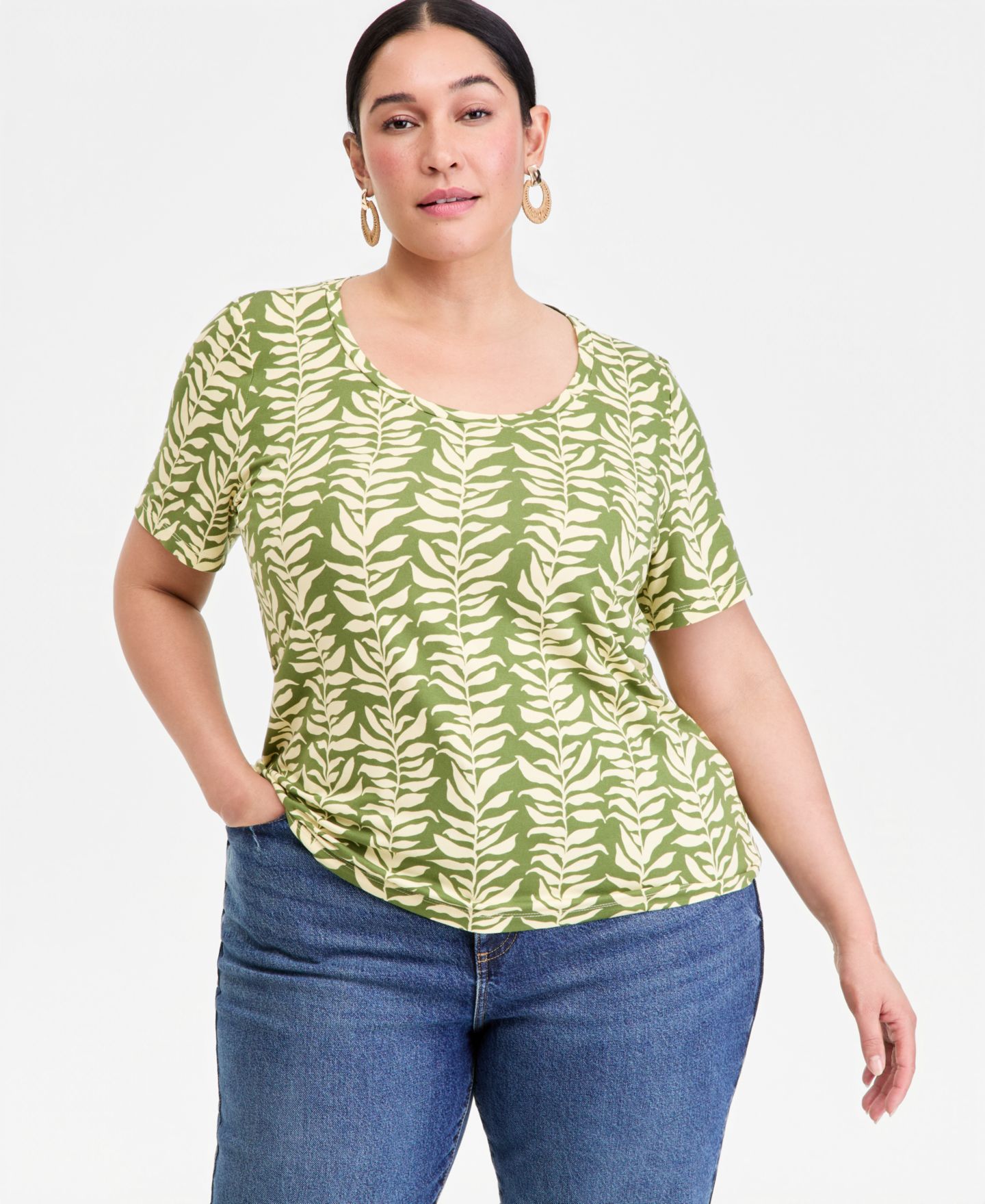 Женская футболка I.N.C. International Concepts Plus Size Printed Scoop-Neck, цвет: Зелёный — фото 1