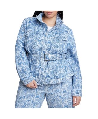Women's Plus Size Lace Printed Denim Belted Jacket