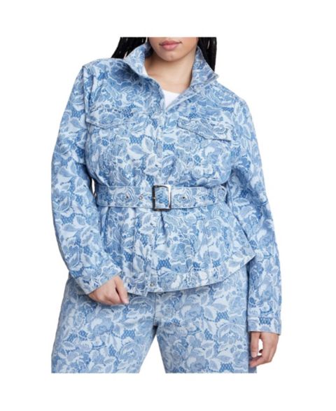 Женские куртки ELOQUII Plus Size Lace Printed Denim Belted Jacket