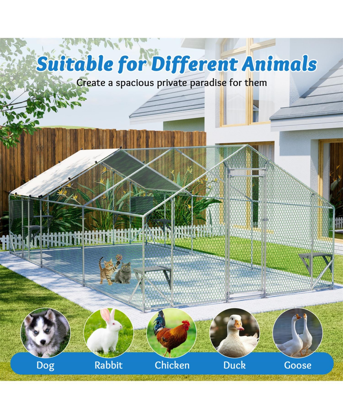 Zeus and Ruta 3 x 2/6 m Outdoor Metal Cat Cage With Diy Solid Wood Platform Double Safety Lock and Waterproof Tarp