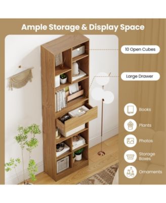 Tall Freestanding Bookcase with Drawer and Ten Cube Storage