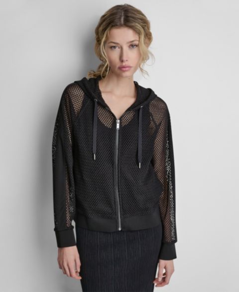 Женские куртки DKNY Women's Grove Crochet Mesh Zip-Up Hooded Jacket