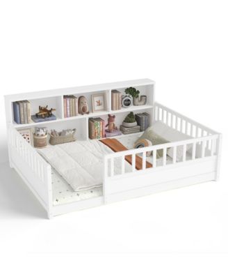 Full Size Montessori Floor Bed Frame, Low Profile Wooden Bed with Bookcase Storage and Safety Guardrails for Boys and Girls