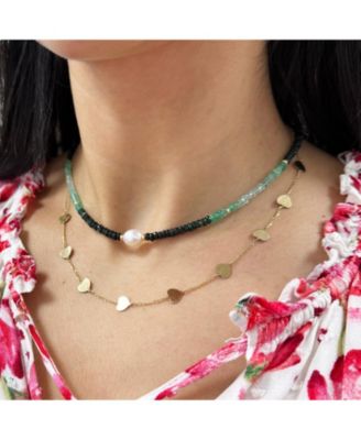 Emerald Ombre Bead Pearl Necklace 14K Yellow Gold