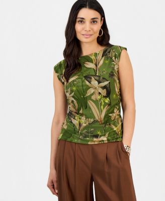 Printed Sleeveless High-Neck Ruched Mesh Top