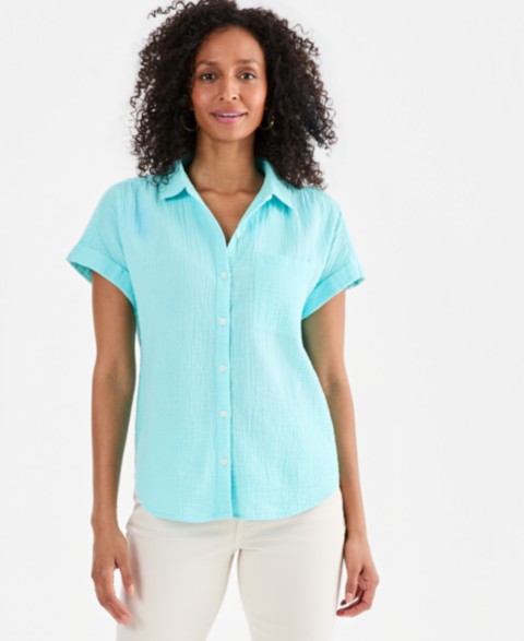 Женские рубашки Style & Co Women's Cotton Gauze Short-Sleeve Button Up Shirt