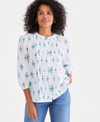 Women's Cotton Pintuck-Front 3/4-Sleeve Top