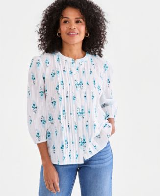 Style & Co Women's Cotton Pintuck-Front 3/4-Sleeve Top, Macy's