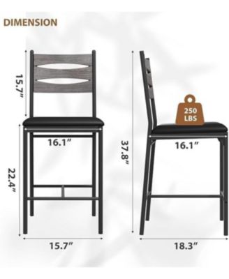 Set of 2 Counter Height Bar Stools, Wooden Back, Padded Seat, Industrial Kitchen Island Chairs