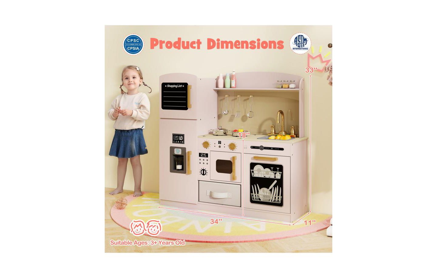 Детский игровой набор HONGGE Wooden Lighted-Microwave Kitchen Playset with Ice Maker, Ages 3+, цвет: Розовый — фото 3