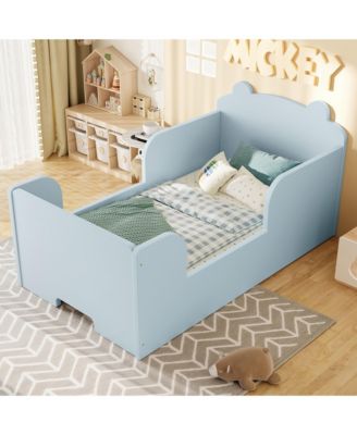 Twin Size Wood Kids Floor Platform Bed Frame, Toddler Bed with Safety Guardrails and Bear-Shaped Headboard for Boys and Girls Ages 3-6