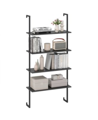4-Tier Ladder Shelf Open Wall Mounted Bookcase with Wooden Boards and Metal Frame