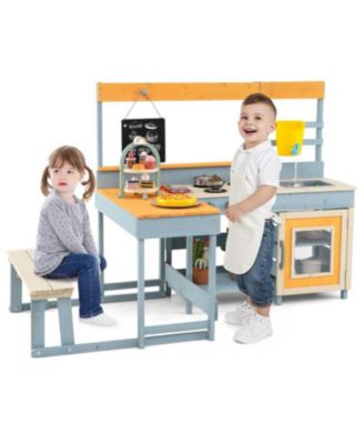Fir Wood Play Kitchen with Picnic Table and Built-in Bench for Kids