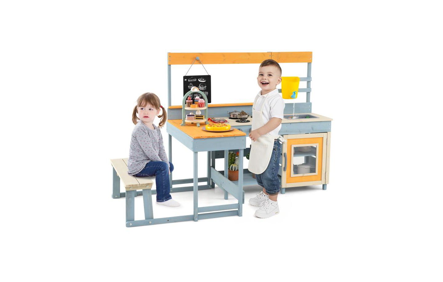 Детская игрушка HONGGE Fir Wood Play Kitchen with Picnic Table and Built-in Bench for Kids, цвет: Серый — фото 2