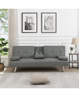 Convertible Loveseat Futon Sofa Bed, Reversible Sleeper Daybed with Dual Cup Holders, Wood Frame and Stainless Steel Legs for Living Room
