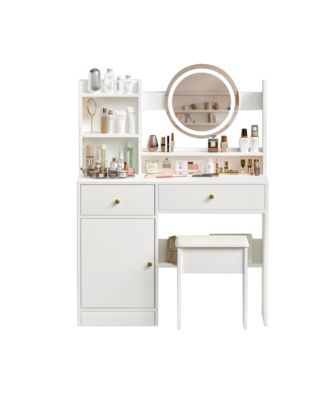 Vanity Desk with Mirror and Lights for Makeup, Dressing Table Set with Cushioned Chair, 2 Drawer and 1 Storage Cabinet for Bedroom