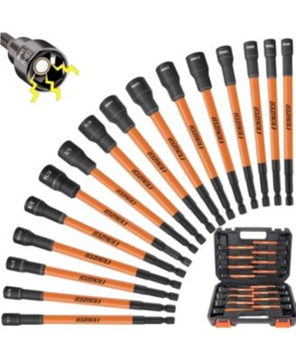 16Pcs Long Magnetic Nut Driver Set for Impact Drill, 6 Inch Long Nut Driver Set, SAE and Metric, 1/4 Inch Hex Shank, Cr-V Steel