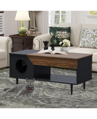 45 in Coffee Table Cat Tables Living Room with Storage Drawer, Wooden Rustic Coffee Tables with Cat House, Hidden Kitty Food Table Litter Box