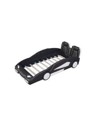 Twin Size Race Car Shaped Platform Bed with Side Rails Support Wheels and Two Seat Design