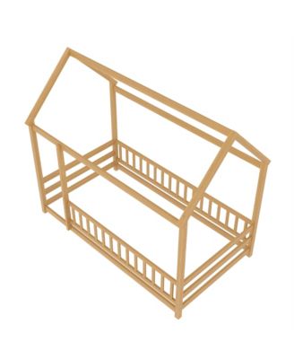 Wooden Floor Bed With House Roof Frame And Fence Guardrails For Kids