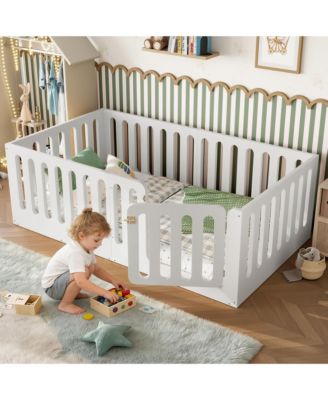 Twin Size Floor Bed, Solid Wood Kids Bed Frame with High Fence and Door, Modern Low-Profile Design for Boys Girls, No Box Spring Required