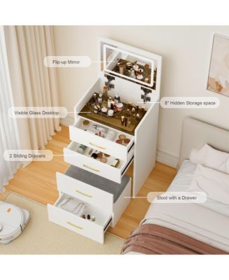 3 in 1 Vanity Desk  - Compact Dressing Table Set with Plip Top LED Mirror, Visible Glass Desktop, Cushioned Tool and 3 Drawers for Bedroom