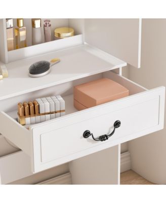 Modern Makeup Vanity Set with Padded Stool - Mini Dressing Table with LED-lit Mirror, Hidden Storage for Bedroom