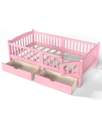 Low Profile Platform Bed Frame, Wooden Bed with Storage Drawers and Full Safety Guardrails for Boys Girls, No Box Spring Required