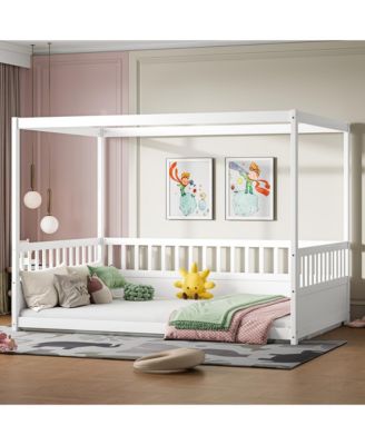 Wooden Canopy Floor Bed With Guardrails Four Poster Design For Kids