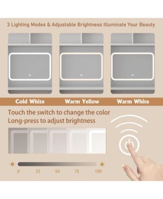 Farmhouse Makeup Vanity Desk - 43" Wide Dressing Table with Lighted Mirror, Power Outlet, Open Shelves, Side Cabinet and Drawers for Bedroom