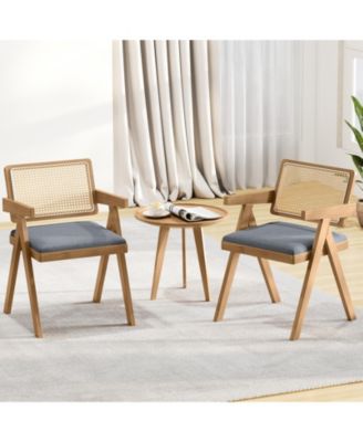 Set of 2 Rattan Accent Chairs with Padded Cushion and Rubber Wood Frame