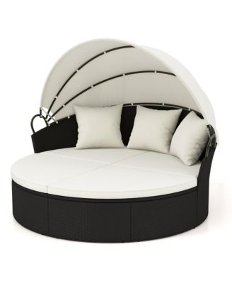 Patio Round Daybed Wicker Daybed w/ Retractable Canopy Separated Seating Sectional Sofa
