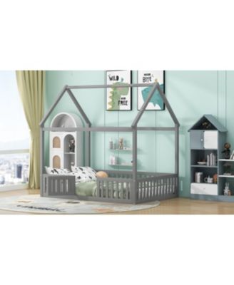 Wood House Bed With Fence Door Gray Distressed Washed Pine Wood MDF