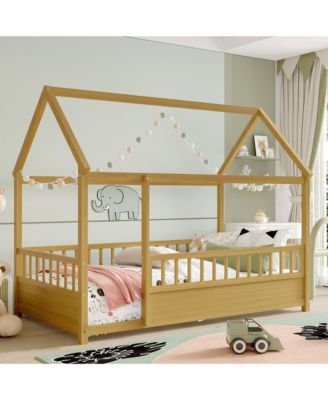 Wooden Floor Bed With House Roof Frame And Fence Guardrails For Kids