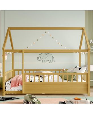 Wooden Floor Bed With House Roof Frame And Fence Guardrails For Kids
